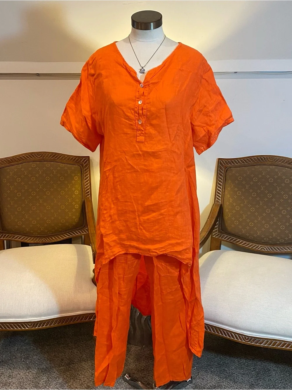 Bright Orange Cotton Tunic & Pants Set Made in Italy Asymmetric Wide-Leg Boho